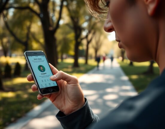 Person using ChatGPT voice mode on smartphone outdoors in a park