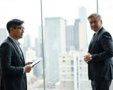 Two business professionals in a modern office, representing OpenAI's new hires Noam Shazeer and Dean Ball.