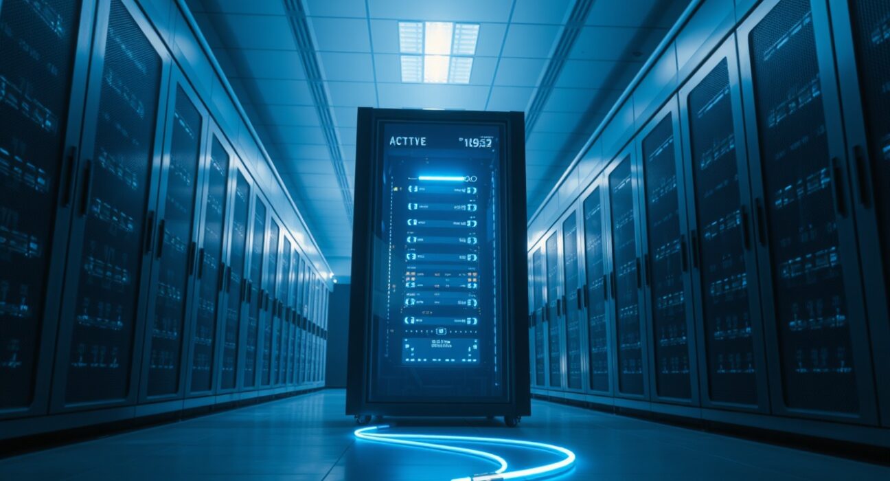 Dimly lit server room with a glowing server rack representing an AI system breach