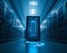 Dimly lit server room with a glowing server rack representing an AI system breach