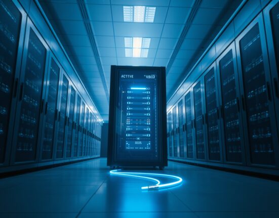 Dimly lit server room with a glowing server rack representing an AI system breach