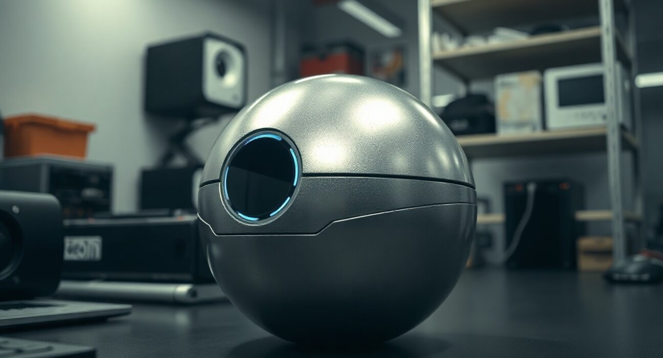 Silver Worldcoin Orb device on a desk in a dim office, representing biometric verification technology.