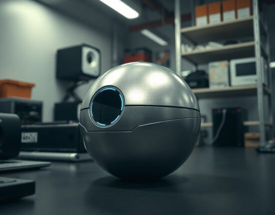 Silver Worldcoin Orb device on a desk in a dim office, representing biometric verification technology.