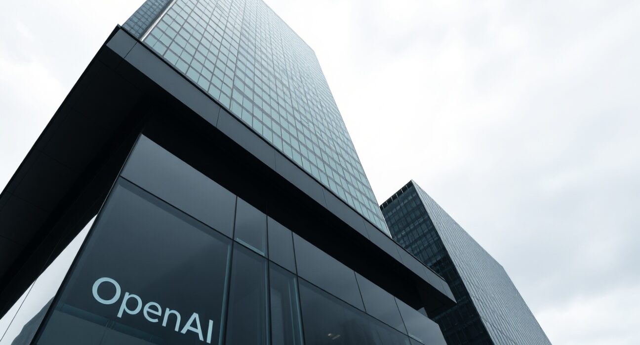 Exterior of a modern glass office building with OpenAI logo visible on ground floor.