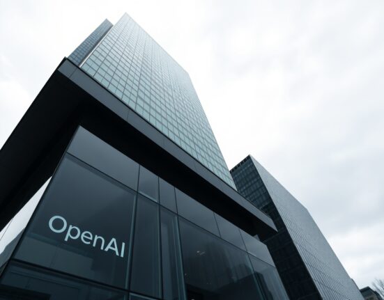 Exterior of a modern glass office building with OpenAI logo visible on ground floor.