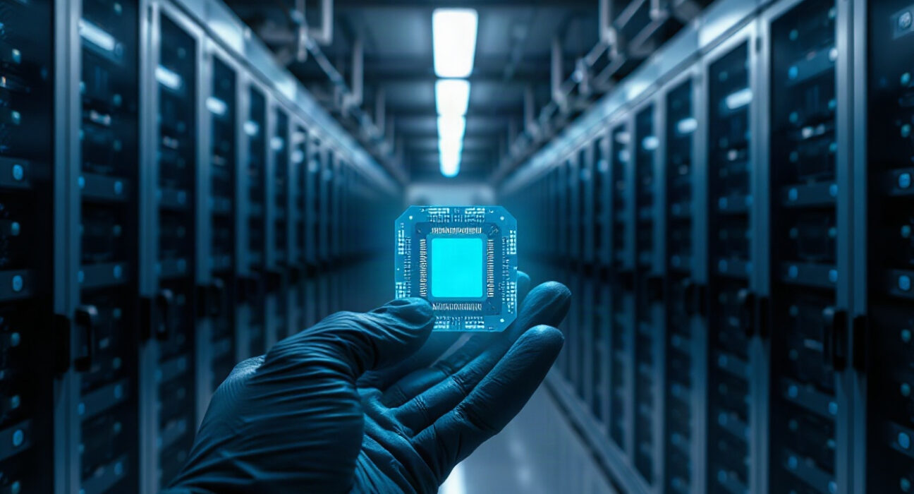 Close-up of OpenAI's Jalapeño chip in a data center, showcasing advanced AI hardware.