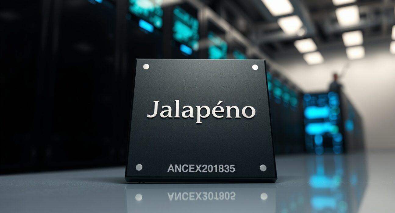 Close-up of OpenAI's Jalapeño custom AI inference chip on a reflective surface in a data center lab