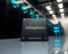 Close-up of OpenAI's Jalape&ntilde;o custom AI inference chip on a reflective surface in a data center lab