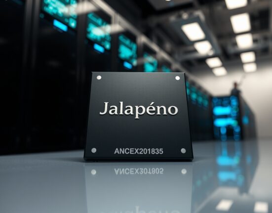Close-up of OpenAI's Jalapeño custom AI inference chip on a reflective surface in a data center lab