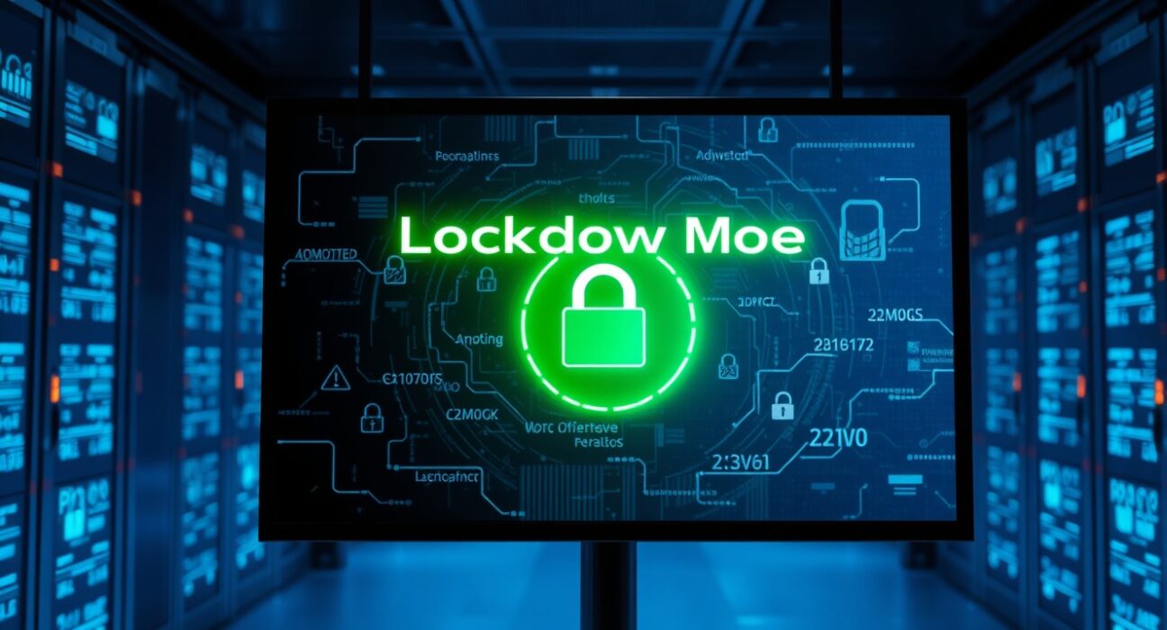 Digital interface showing OpenAI Lockdown Mode toggle in a security control room