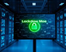 Digital interface showing OpenAI Lockdown Mode toggle in a security control room