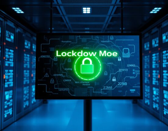Digital interface showing OpenAI Lockdown Mode toggle in a security control room