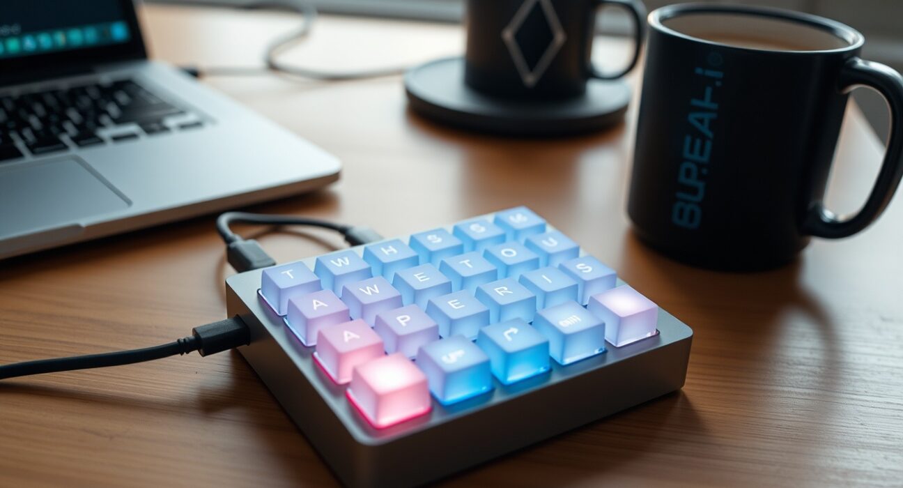 Close-up of OpenAI Micro keypad on a desk with a laptop in the background