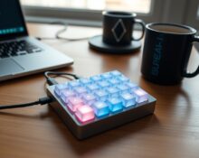 Close-up of OpenAI Micro keypad on a desk with a laptop in the background