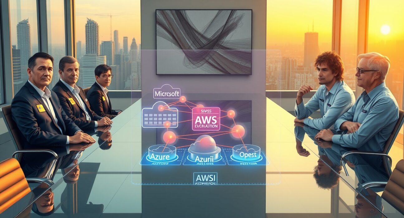 OpenAI and Microsoft executives negotiate new partnership terms in a corporate boardroom with holographic cloud network projection