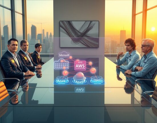 OpenAI and Microsoft executives negotiate new partnership terms in a corporate boardroom with holographic cloud network projection