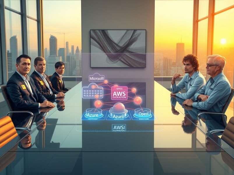 OpenAI and Microsoft executives negotiate new partnership terms in a corporate boardroom with holographic cloud network projection