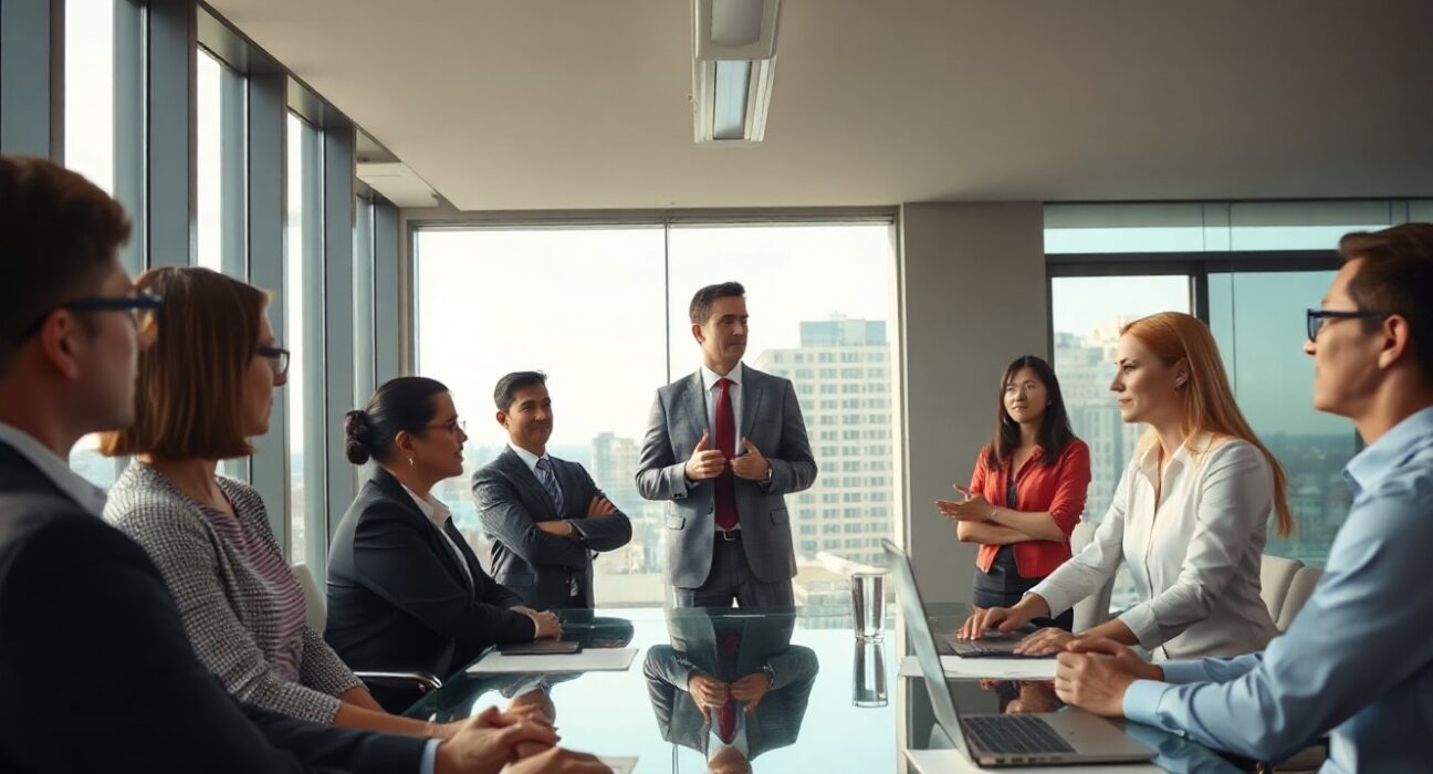 OpenAI executive team meeting in modern office, symbolizing leadership transition