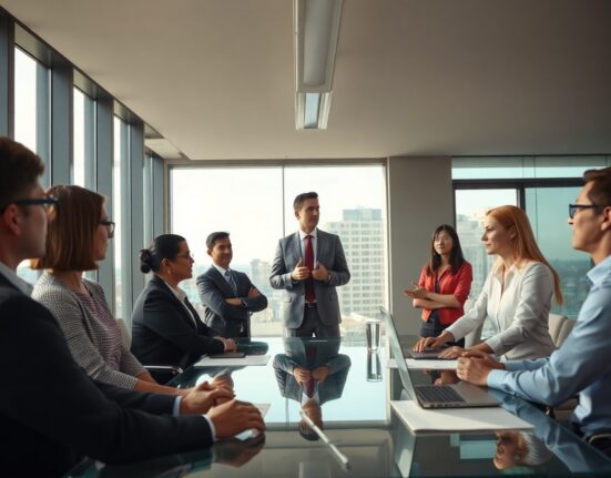 OpenAI executive team meeting in modern office, symbolizing leadership transition