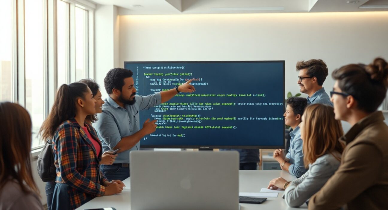 Software developers and security engineers collaborating on code bug fixes in a modern tech office