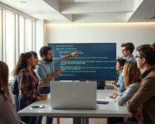 Software developers and security engineers collaborating on code bug fixes in a modern tech office