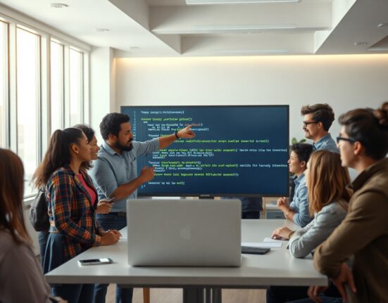 Software developers and security engineers collaborating on code bug fixes in a modern tech office