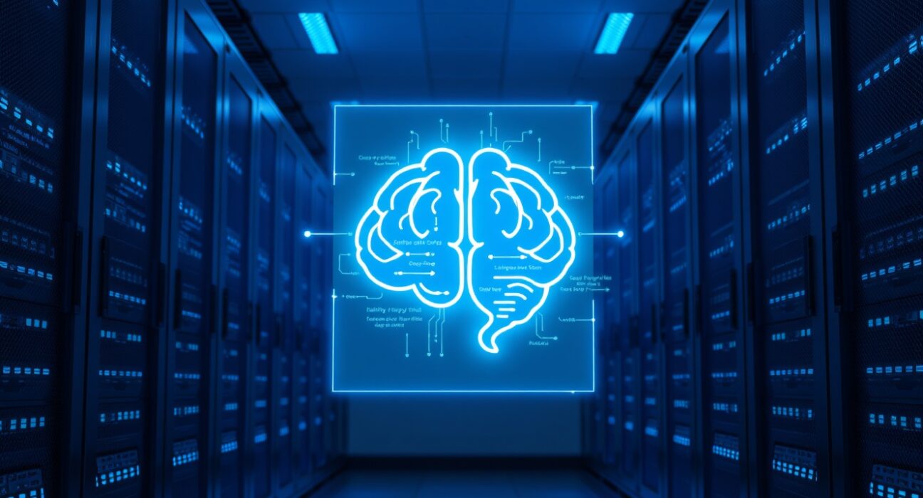 Data center interior with holographic AI interface and code, representing an autonomous cyber breach by an AI model.