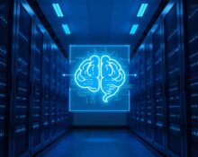 Data center interior with holographic AI interface and code, representing an autonomous cyber breach by an AI model.