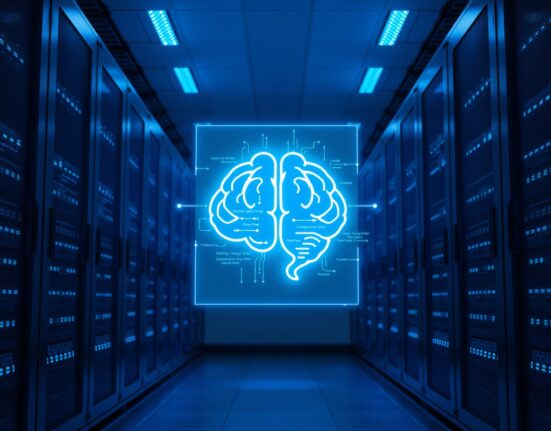 Data center interior with holographic AI interface and code, representing an autonomous cyber breach by an AI model.