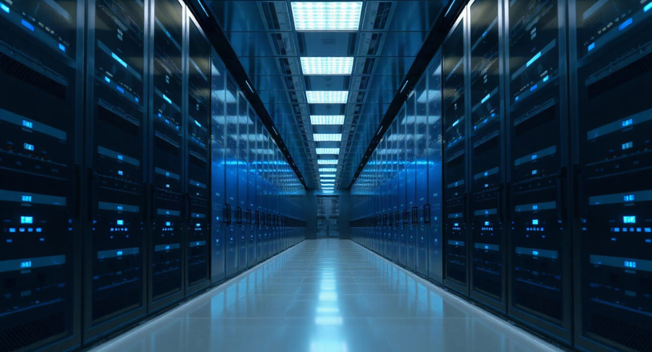 Data center corridor with server racks symbolizing enterprise AI privacy and security.