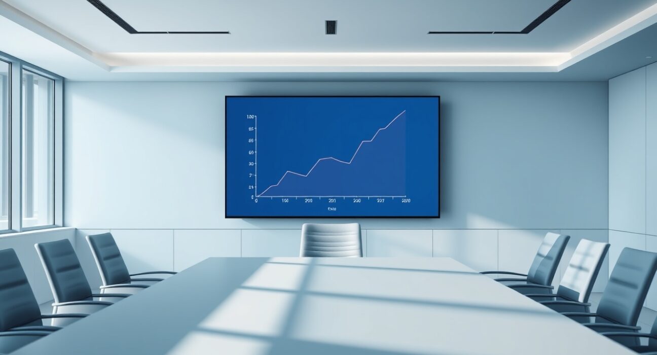 Modern boardroom with digital screen showing equity graph and OpenAI logo