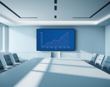 Modern boardroom with digital screen showing equity graph and OpenAI logo