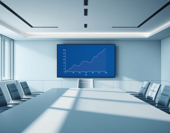 Modern boardroom with digital screen showing equity graph and OpenAI logo