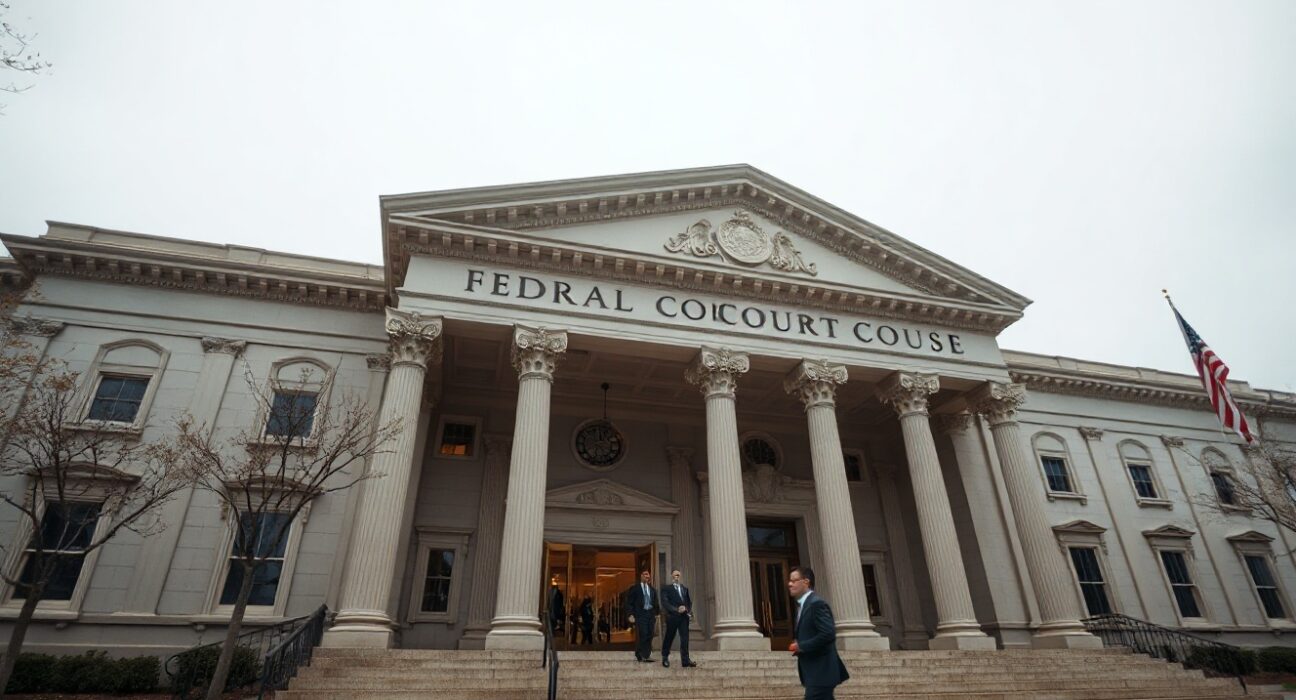 Oakland federal courthouse exterior on a cloudy day, with legal professionals entering the building.