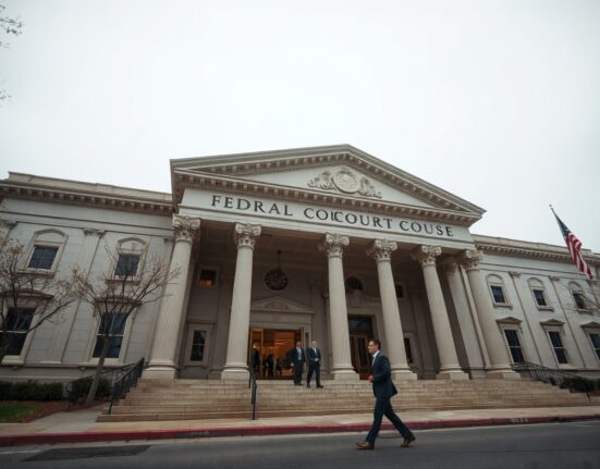 Oakland federal courthouse exterior on a cloudy day, with legal professionals entering the building.