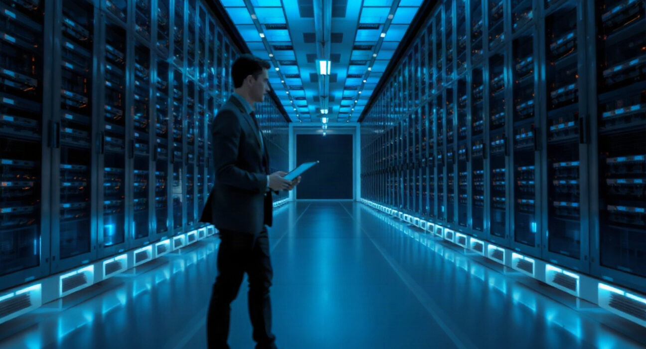 OpenAI security measures after Hugging Face breach, with a security engineer monitoring server racks in a data center.