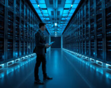 OpenAI security measures after Hugging Face breach, with a security engineer monitoring server racks in a data center.