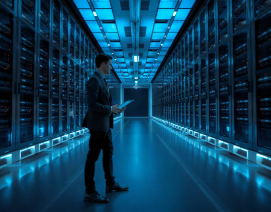 OpenAI security measures after Hugging Face breach, with a security engineer monitoring server racks in a data center.