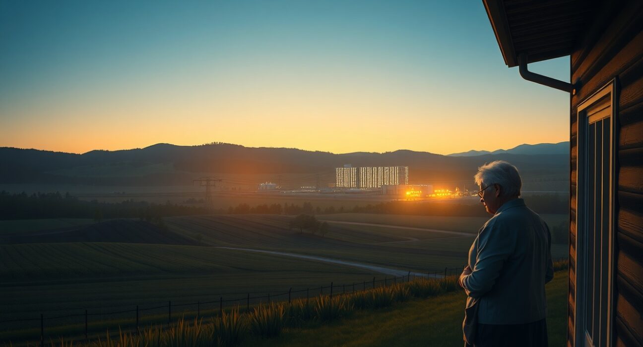 Community resistance to AI data center expansion as shown by a homeowner facing distant infrastructure.