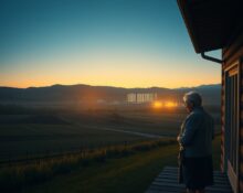 Community resistance to AI data center expansion as shown by a homeowner facing distant infrastructure.