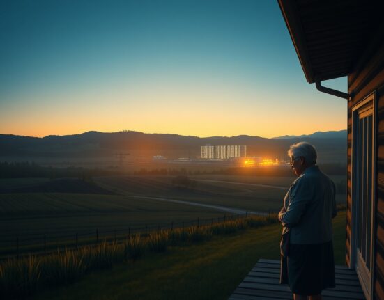 Community resistance to AI data center expansion as shown by a homeowner facing distant infrastructure.