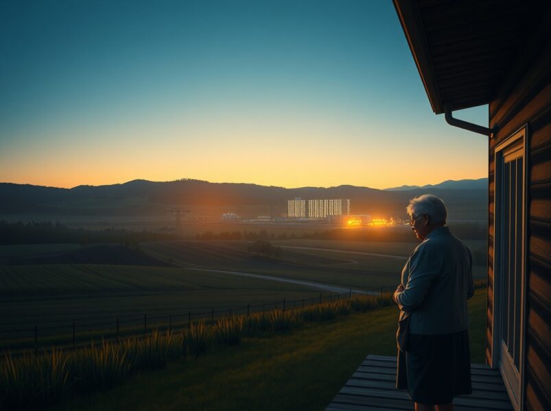 Community resistance to AI data center expansion as shown by a homeowner facing distant infrastructure.