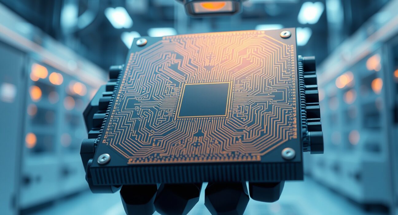 Close-up of a semiconductor wafer held by a robotic arm in a cleanroom, representing custom AI chip manufacturing.