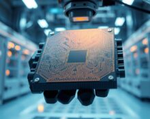 Close-up of a semiconductor wafer held by a robotic arm in a cleanroom, representing custom AI chip manufacturing.