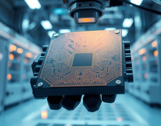 Close-up of a semiconductor wafer held by a robotic arm in a cleanroom, representing custom AI chip manufacturing.