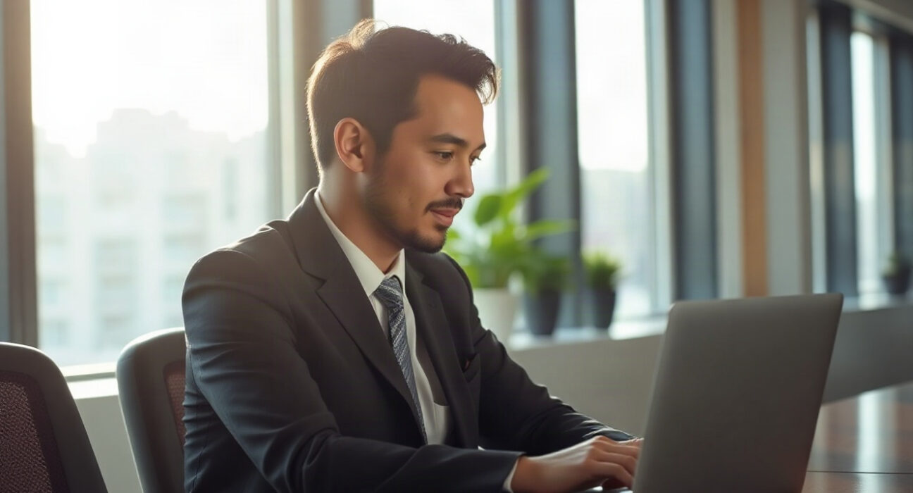 Professional using a laptop with an AI assistant interface in a bright modern office
