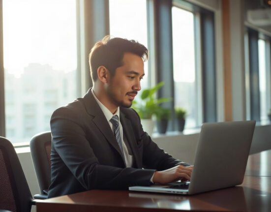 Professional using a laptop with an AI assistant interface in a bright modern office
