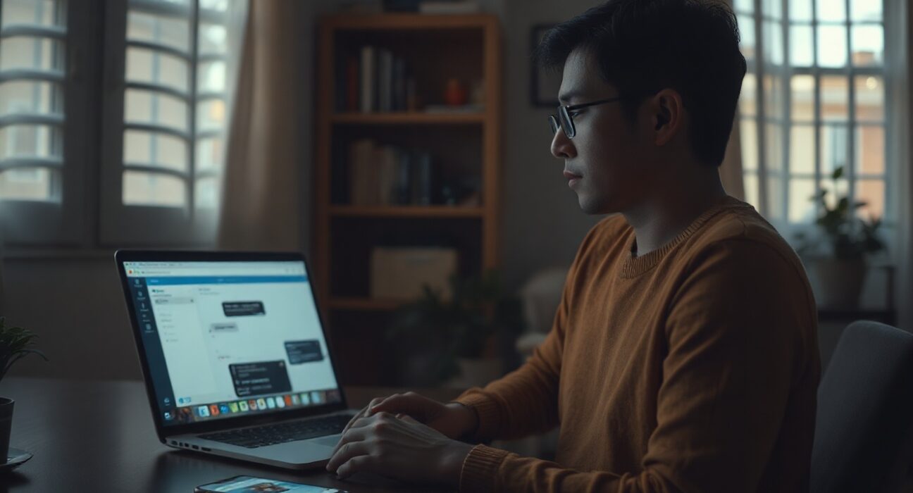 Person using ChatGPT on a laptop in a dimly lit room with a smartphone showing a notification alert