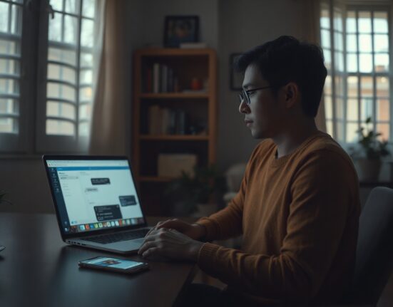 Person using ChatGPT on a laptop in a dimly lit room with a smartphone showing a notification alert