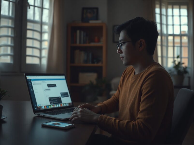 Person using ChatGPT on a laptop in a dimly lit room with a smartphone showing a notification alert